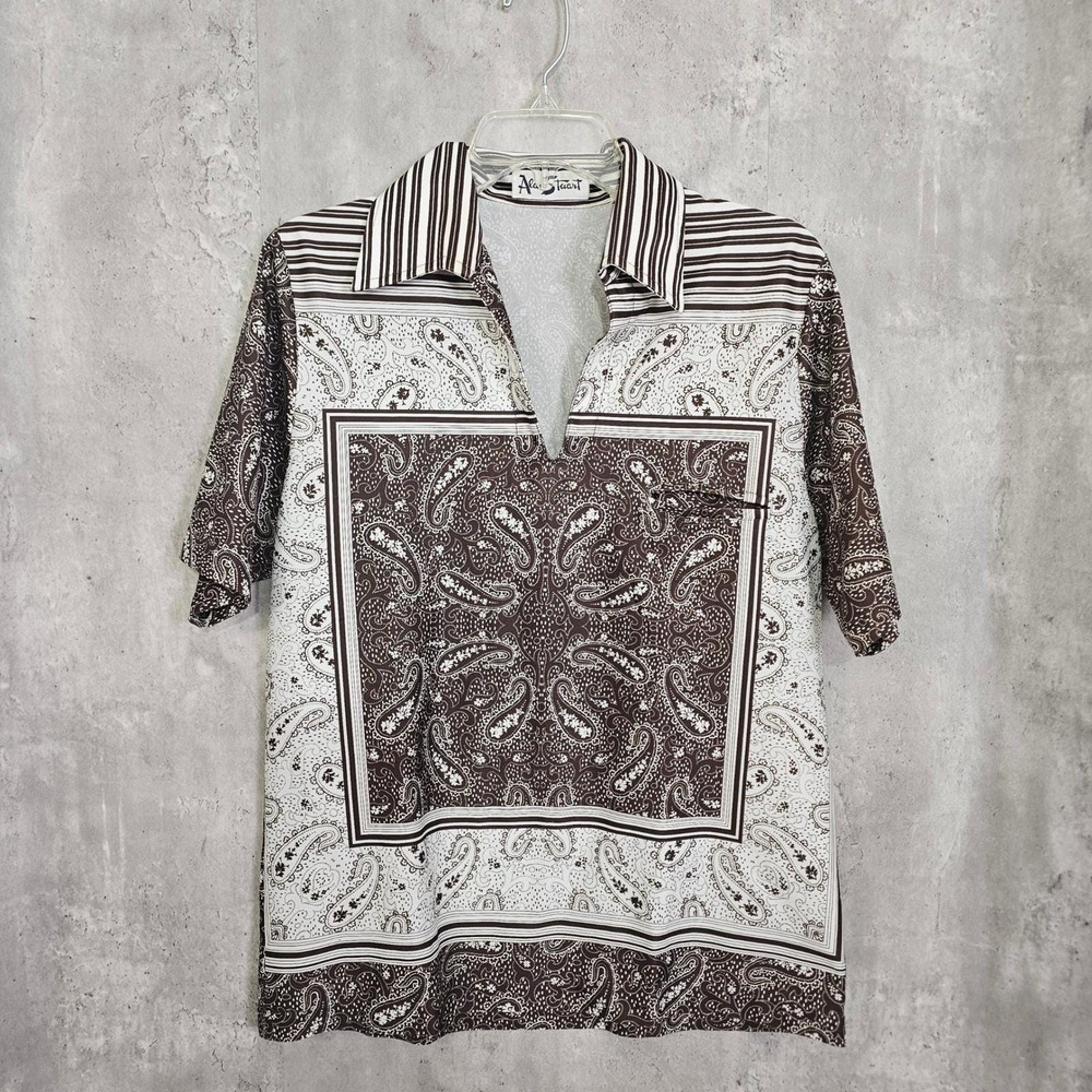 Vintage‎ 70s Alan Stuart Bandana Paisley Polo Shirt Mens M Brown Disco Mod